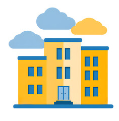 Flat illustration of a school building created for students and educators, shown as a clean vector graphic on a white background, using simple shapes and blue and yellow colors for education design