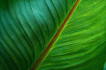 Close-up of vibrant green banana leaf texture captured outdoors in natural daylight, showing detailed veins and subtle red accents, ideal for designers needing an organic tropical background inspired