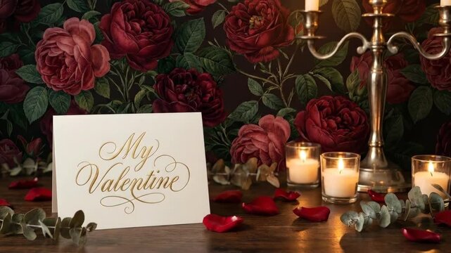 Display of a Valentines day card with My Valentine text, candles, and rose petals for a romantic message.