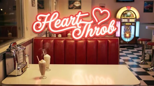 Heart throb neon sign light flickering on dark restaurant wall, vintage diner with milkshakes and jukebox for valentine day date setting.