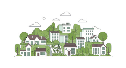Fototapeta premium Charming suburban neighborhood with houses nestled on green hills, trees, and clouds.