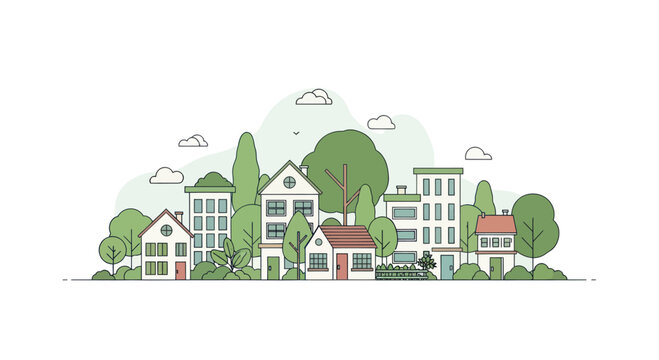 Charming minimalist village cityscape with trees and clouds, flat design