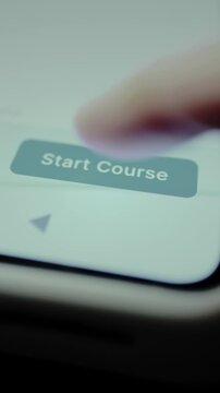 Person taps the digital button Start Course within a learning app interface, lifelong learning concept