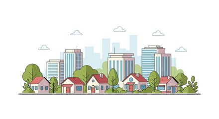 Obraz premium Modern Cityscape with Houses and Green Trees, Flat Illustration Style