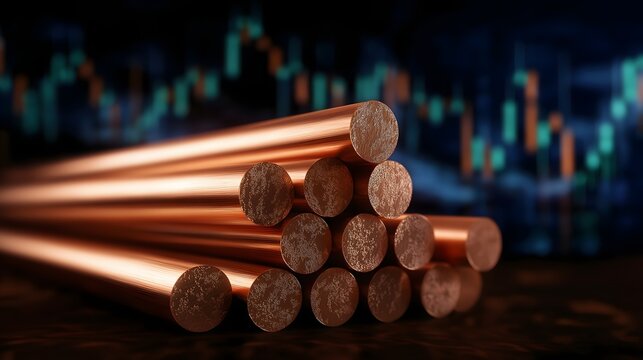 Digital display showing copper bars with stock market charts