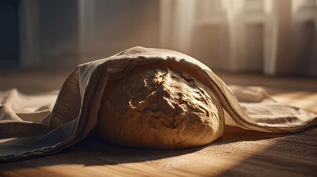 Freshly baked bread loaf partially covered with cloth on a wooden table in a softly lit room with natural sunlight casting shadows