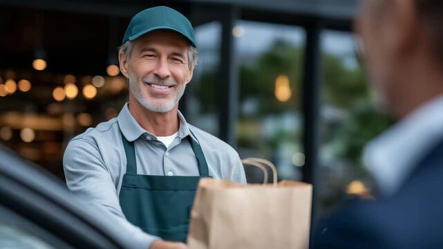 86Cinematic close-up of drive-through window interaction, male employee smiling as he hands over a paper bag, reflections on car window, softly blurred restaurant background