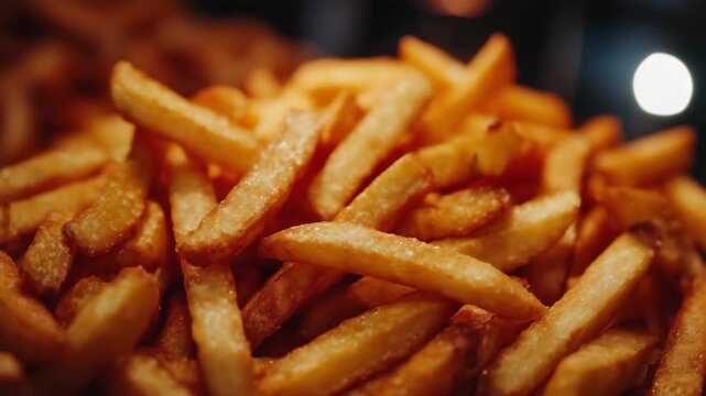 83Cinematic macro shot of crispy fries overflowing, golden potato slices with crunchy tips and darker fried edges, shallow depth of field, rich warm color palette, fast junk food con