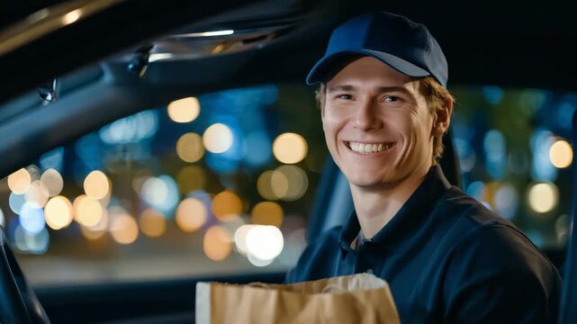 88Evening drive-through scene at a cafe, smiling male employee wearing a cap offering takeaway food in a paper bag, car interior in shadow, bokeh lights in background creating cinema