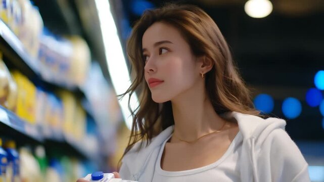 166Young woman holding a milk pack while browsing dairy shelves in a supermarket, bright aisle lighting, colorful cartons and bottles around, hypermarket environment, casual shopper s