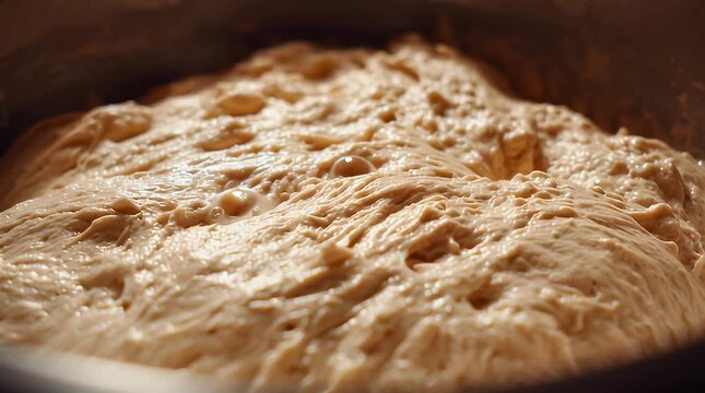 Close-up of dough rising in a bowl, capturing the fermentation process in a kitchen setting from a low angle.