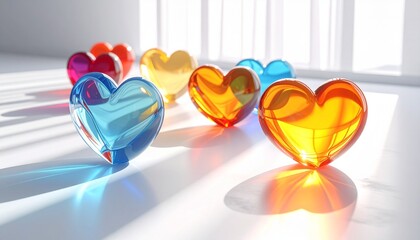 Floating Transparent Glass Hearts with Colorful Sun Reflections