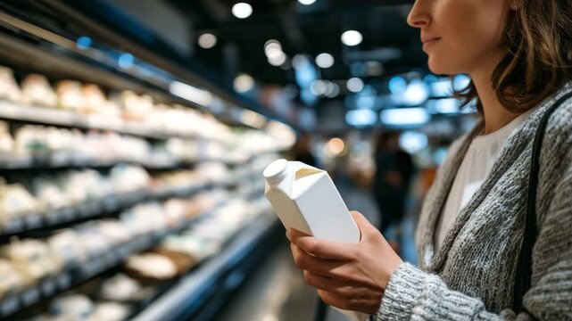 171Medium-close view of female shopper holding milk carton, aisle of refrigerated dairy products visible, hypermarket lighting and reflective floors, natural shopping behavior capture