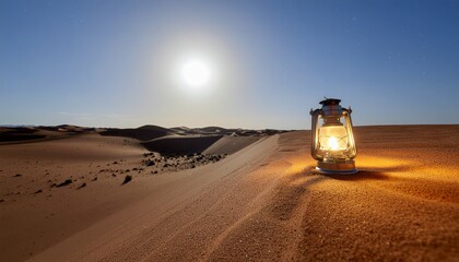 Cinematic Sahara Desert Night with Crescent Moon and Lantern