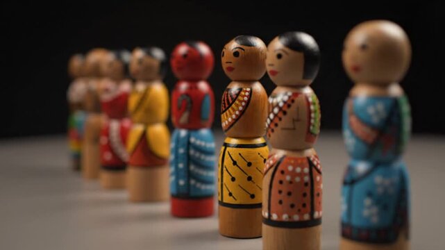 Colorful ethnic wooden dolls line up.