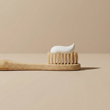 Eco-friendly bamboo toothbrush with white toothpaste close-up on beige background. Sustainable dental hygiene and zero waste plastic-free concept.