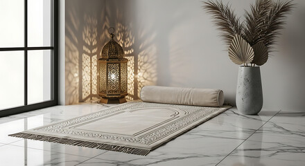 Obraz premium Prayer rug and moroccan lantern illuminate interior with natural light and decorative shadows