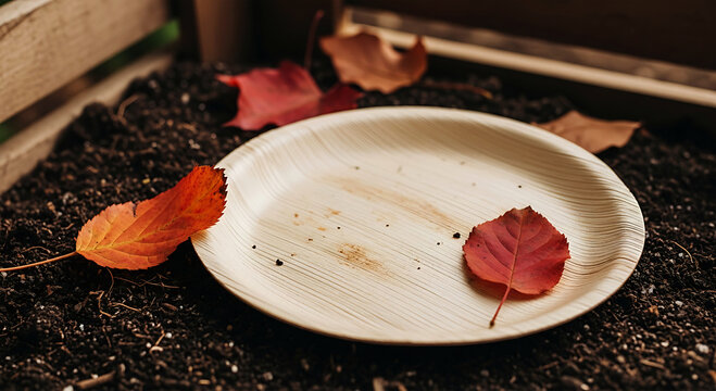 Empty compostable plate rests among fallen autumn leaves and dark soil