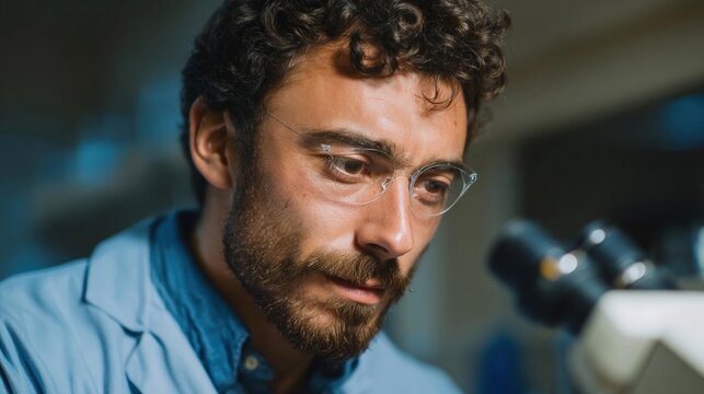 Close-up portrait of a man with curly hair and a beard. he is wearing a blue collared shirt and glasses. he appears to be looking off to the side with a serious expression on his face.