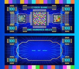 Vector obverse and reverse of futuristic abstract electronic banknote. Digital money. Cyber bank, 100 bills. Bright glowing radiant screen. Denomination hundred. Graphic computer chip, pixels. Sample