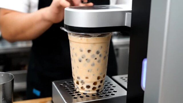 Barista Preparing Delicious Bubble Tea Drink with Tapioca Pearls.