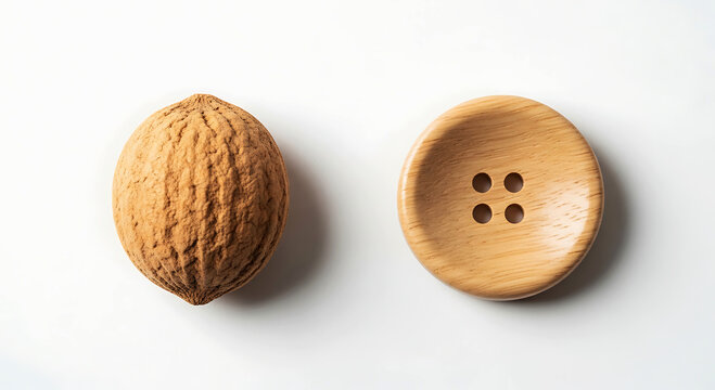 A walnut shell and its hollowed out half on a white surface