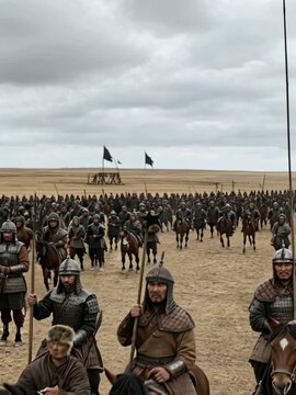 Medieval mongol army riding horses into battle