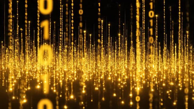 Glowing digital rain with code, bright gold particles, and dark background. Visual concept of data and technology