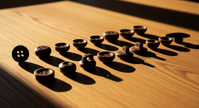 Arrangement of dark brown wooden buttons on a light wood surface