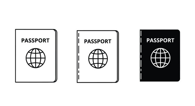 Set of three different style passport icons displaying global travel identification documents suitable for various interface designs
