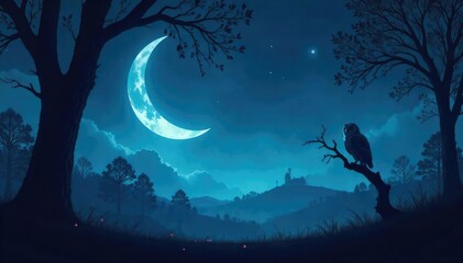 Mysterious midnight scene featuring a crescent moon, silhouetted trees, and a lone owl perched on a branch, casting an eerie glow on the landscape , black, moon