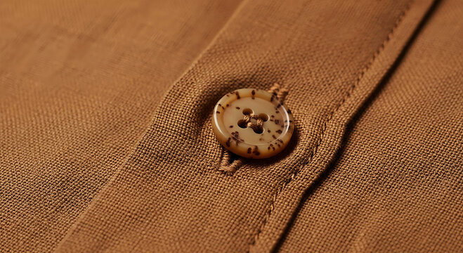 Close up of a brown shirt with a patterned corozo nut button in focus