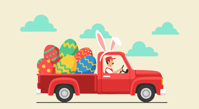 Illustration of a red pickup truck delivering Easter eggs, with a driver wearing bunny ears and blue clouds in the background