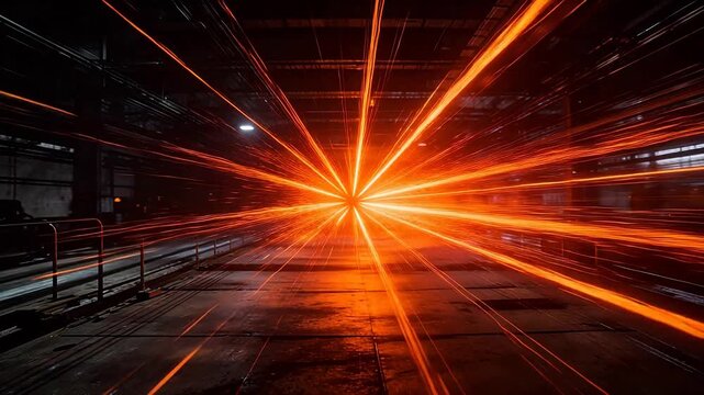 Orange light trails converging in industrial factory setting