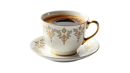 Fototapeta premium A delicate porcelain cup filled with coffee, adorned with gold patterns, sitting on a matching saucer, viewed from the side.
