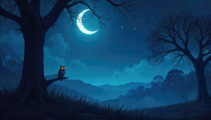 Mysterious midnight scene featuring a crescent moon, silhouetted trees, and a lone owl perched on a branch, casting an eerie glow on the landscape , gothic, black