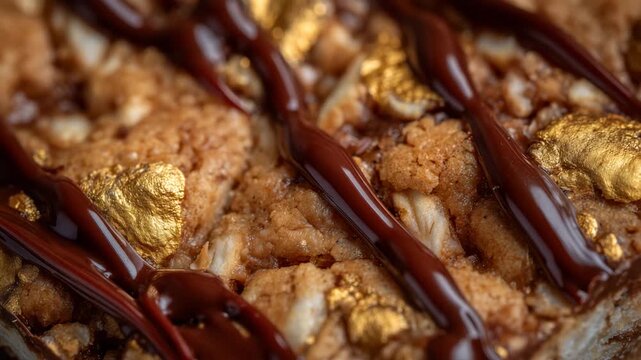 267Close-up of a chocolate snack bar with embedded cookie pieces, golden toasted textures visible, chocolate slightly melting, rich glossy surface, studio-lit for maximum appetizing e