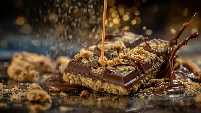 269Side view of chocolate bar with cookie pieces, crumbs falling onto reflective surface, golden toasted textures and glossy chocolate highlighted, close-up detail emphasizing indulge
