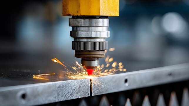 Close-up industrial photography of laser cutting metal with an active laser beam cutting a flat steel sheet, small sparks visible at the cutting point in a clean workshop environment