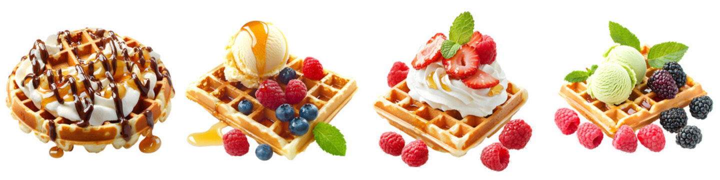 Set collection of delicious Belgian waffles with various toppings: cream, caramel, chocolate, strawberry, raspberry, blackberry, blueberry, and ice cream, isolated on a transparent background PNG