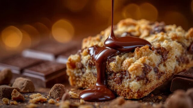 270Macro shot of chocolate snack bar with crunchy cookie chunks, golden toasted textures highlighted, chocolate drips catching light, indulgent dessert visual, close-up composition