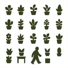 A collection of dark green stylized plant and human silhouettes arranged in a grid pattern