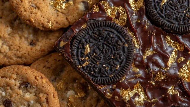 273Cinematic close-up of chocolate snack bar with embedded cookies, texture of cookie and chocolate contrasted, golden toasted highlights and shadows, rich dessert appeal