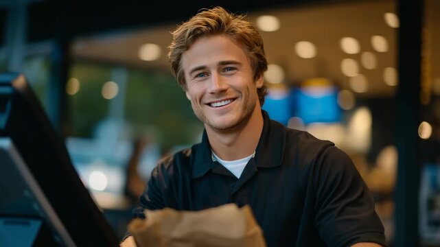Cinematic close-up of drive-through window interaction, male employee smiling as he hands over a paper bag, reflections on car window, softly blurred restaurant background