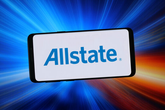 Stuttgart, Germany - 02-04-2026: In this photo illustration, the logo of US insurance company Allstate Corporation is displayed on a smartphone in front of abstract background on computer screen.