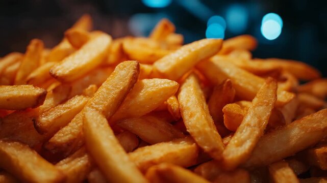 Cinematic close-up of hot French fries, perfectly sliced potatoes with crunchy edges, steam subtly rising, warm lighting enhancing golden color, unhealthy fast food background aest