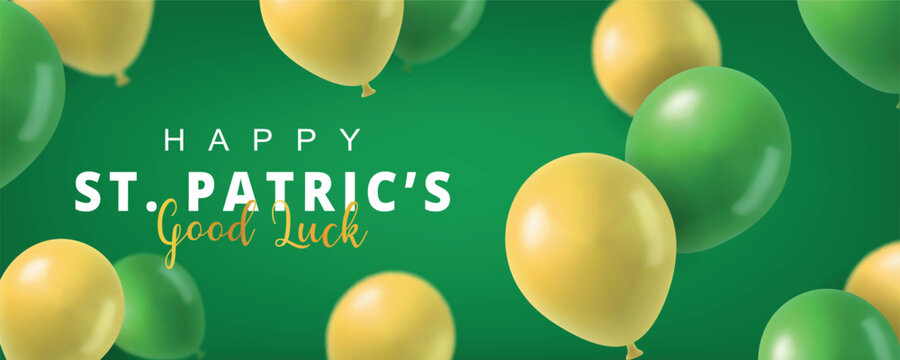St. Patricks Day banner with floating yellow and green balloons. Festive good luck greeting card