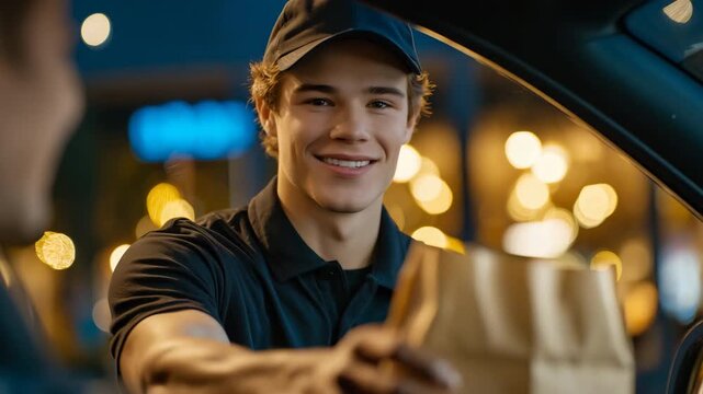 Cinematic drive-through scene at a fast food restaurant, smiling male employee in uniform and cap leaning out of service window, handing a paper food bag to a customer inside a dar