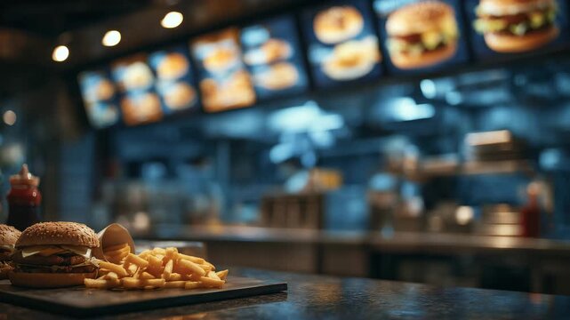 Cinematic interior shot of fast food counter area, sharp focus on menu panels with burgers and fries, counter items including fries and ketchup slightly blurred, professional resta