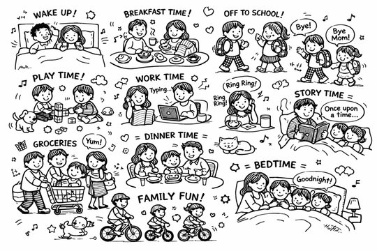 Children's daily routine illustration with activities and family interaction